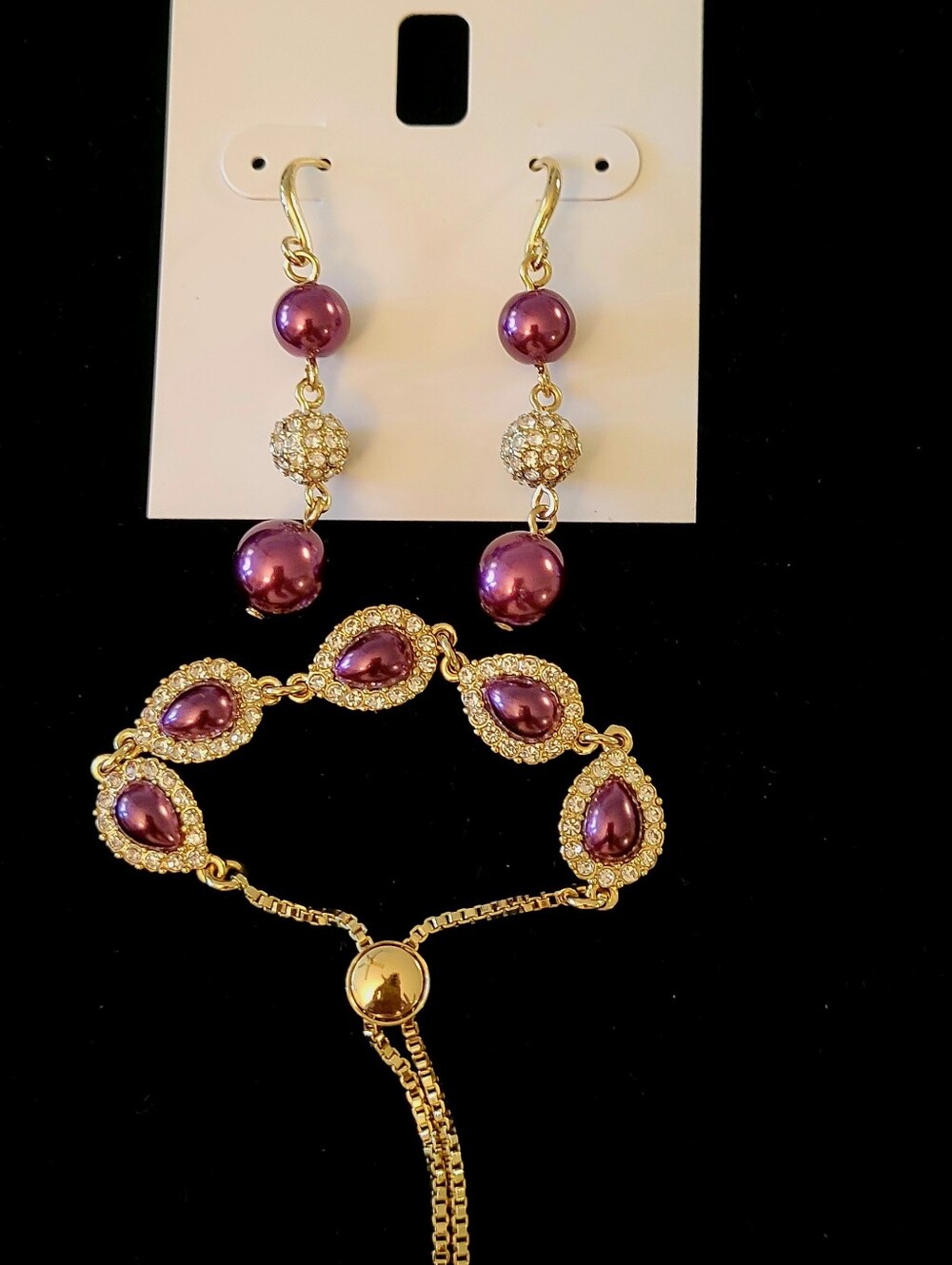 Gold-Tone Purple Pearl Teardrop Bracelet & Dangle Earrings Set